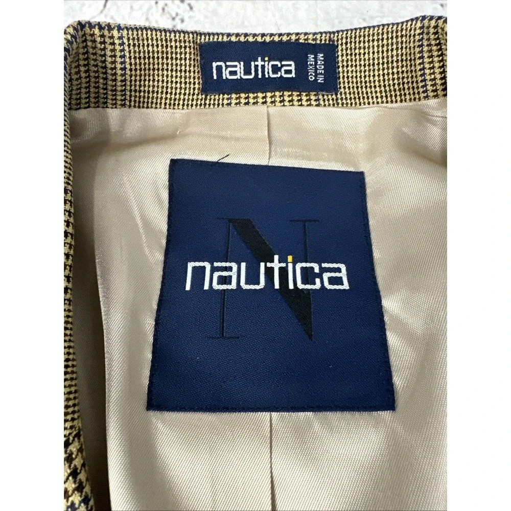 Nautica Sport Coat 44R Tan Glen Plaid Wool Silk Linen Blazer Jacket Casual